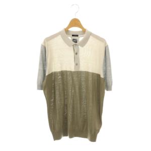 配色カラーシルクニットポロシャツ 半袖 L グレー カーキ /AT OS