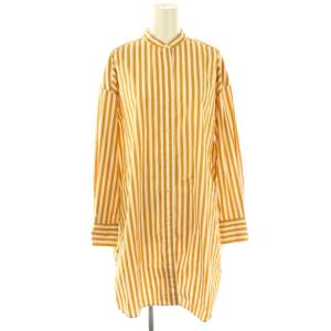 バンドカラーストライプロングシャツワンピース ミニ 長袖 オレンジ 白 ホワイト /AT OS