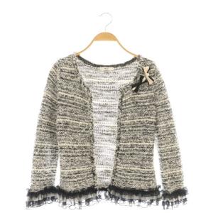 ニットツイード カーディガン 36 黒 ブラック 白 ホワイト リボンブローチ付き /CX