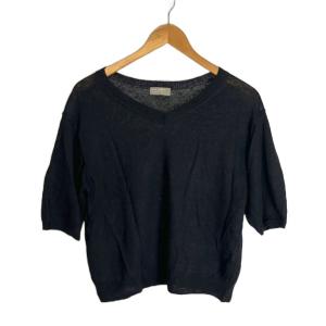 リネン Vネック サマーニット 5分袖 2 M 黒 ブラック 578-8163010 FY