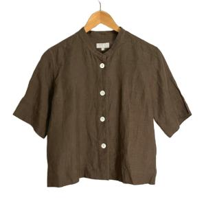 PLAIN LINEN リネン スタンドカラー 半袖 シャツ スリット入り 1 茶 ブラウン 578-0152672