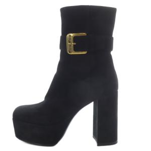 ブーツ ショート チャンキーヒール プラットフォーム 厚底 ロゴ スエード 38 ブラック /YO22