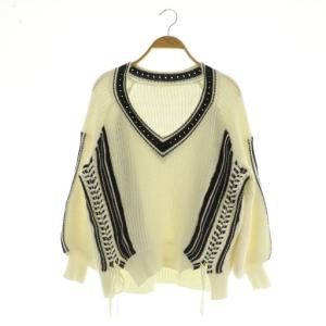 レースアップニットトップ セーター 長袖 Vネック ボリュームスリーブ 36 ホワイト /MY OS