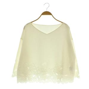 フラワーカットワークトップ ブラウス シルク混 七分袖 プルオーバー 36 ホワイト /MY OS