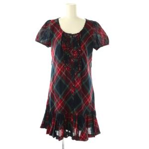 半袖 チェックフリルワンピース 膝丈 38 レッド ネイビー /HK OS