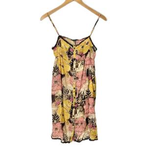 シルク 総柄 ネコプリント シアー キャミソール F ピンク イエロー 2A0-6760 FY