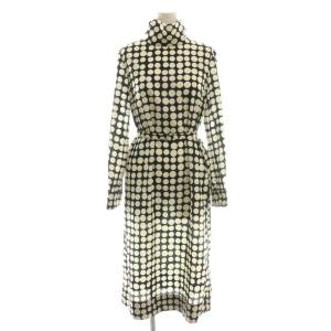 23AW カラードットプリント リボン ワンピース ミディ丈 34 ブラック オフホワイト /DF OS