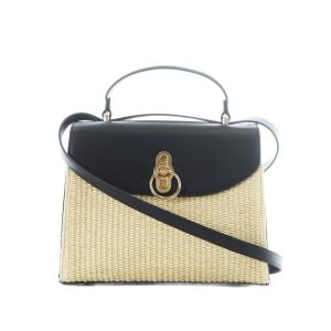 フラップハンドバッグ ショルダー ラフィア 黒 ブラック ベージュ 異素材コンビ 33-03-43-03001