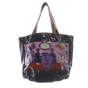 エナメル プリント トートバッグ ハンドバッグ 黒 ブラック /SR