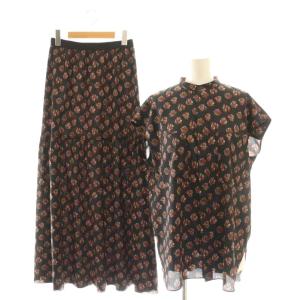 セットアップ 上下 ブラウス シャツ フレンチスリーブ スカート ロング フレア 黒 /NR OS