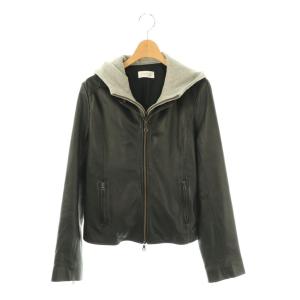 ラムレザー 2way ライダース パーカー ジャケット ジップアップ 40 黒 グレー /NR OS