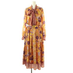 フラワープリントタックワンピース 長袖 ロング 花柄 38 オレンジ マルチカラー /NR OS