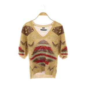 リネン シルク混 ネイティブ柄 半袖ニット 五分袖 セーター プルオーバー S イエローベージュ マルチカラー