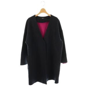 ウール混 ノーカラーコート ロング XL ネイビー /HK OS