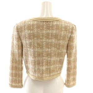 FOXEY NEW YORK ニットジャケット ノーカラー ツイード 七分袖 38 茶 ブラウン 白 ホワイト /AT OS