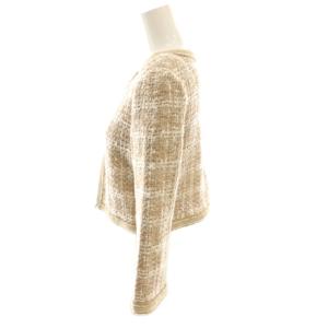FOXEY NEW YORK ニットジャケット ノーカラー ツイード 七分袖 38 茶 ブラウン 白 ホワイト /AT OS