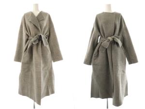 リバーシブル チェック ノーカラーコート アウター ロング ウール F グレー /NR OS