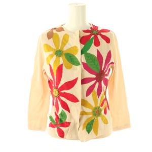 フラワーニットアンサンブルセット カーディガン ノースリーブ 刺繍 コットン M ベージュ マルチカラー