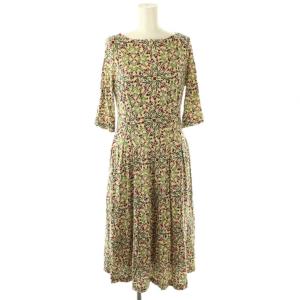 小花柄七分袖ワンピース ロング M ベージュ 紺 赤 緑 /NR OS