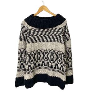 ノルディック柄 総柄 ウール ニット セーター 長袖 ホワイト系 ブラック FY