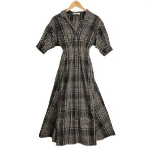 20SS コットンシャツワンピース 半袖 チェック柄 フレア ロング丈 インナー付き 0 ブラック ブラウン