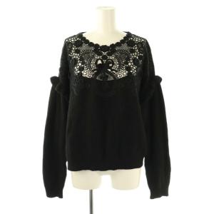 フラワーレース装飾 フリルニット セーター プルオーバー S 黒 ブラック /CX OS