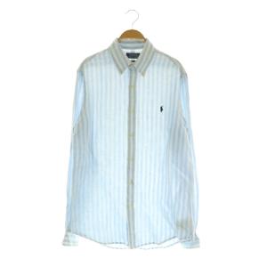 近年モデル リネン ストライプシャツ 長袖 ボタンダウン M ブルー /MY OS