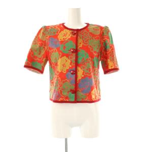 YVES SAINT LAURENT セットアップ 総柄 ノーカラージャケット スカート ひざ丈 M レッド マルチカラー /DF OS