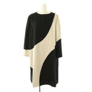 バイカラー ワンピース 膝丈 38 ブラック ベージュ /HK OS