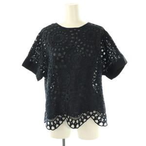 レース トップス カットソー 半袖 38 ネイビー /HK OS