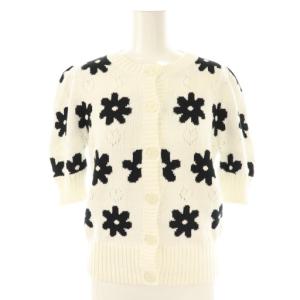 フラワージャガード 半袖 カーディガン ニット XS ホワイト ブラック /ES OS
