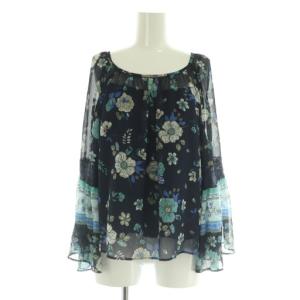 サラサプリントフレアスリーブトップ ブラウス 36 ネイビー 紺 花柄 フローラル フレアスリーブ /MY