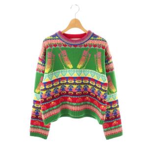 ジャガード ニット プルオーバー 36 グリーン マルチカラー