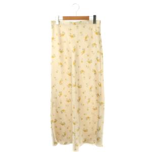 25SS フラワープリントバイヤススカート サテン 38 ベージュ イエロー 黄色 グリーン 緑色 /CX