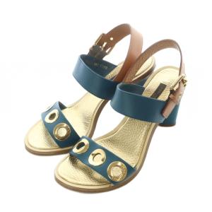 サンダル 38 24.5cm ヒール ゴールドカラー 金色 ターコイズブルー /RI OS