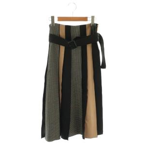 パッチワークストライプベルト付きスカート プリーツ ロング 38 ブラック ベージュ /DF OS