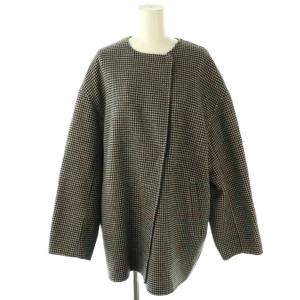 HAMILTONダブルフェイスウールショートコート ノーカラーコート アウター チェック ブラック ホワイト