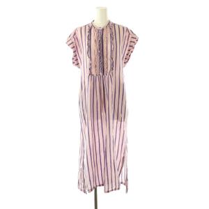 コットンボイルストライプフリルスリーブレスシャツドレス ロング ピンク パープル /DO OS