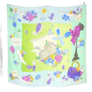 花柄 スカーフ 総柄 シルク 水色 ライトブルー /SR OH