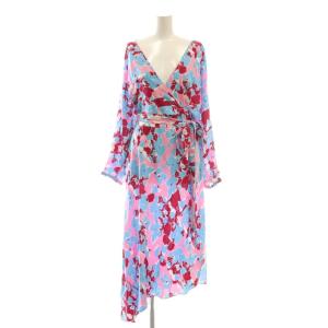 総柄 ワンピース カシュクール ロング M ピンク ライトブルー /DF OS