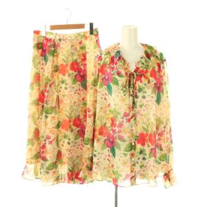 セットアップ 上下 ボタニカル ボウタイブラウス シャツ 長袖 前開き プリーツスカート ロング フレア