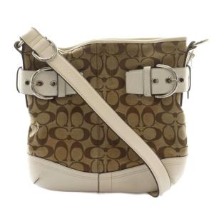 シグネチャー ショルダーバッグ キャンバス レザー ベージュ 白 ホワイト /AQ OS