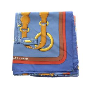 HERMES COACHING カレ90 スカーフ シルク 馬具柄 総柄 青 ブルー 赤 レッド /MI OS OH