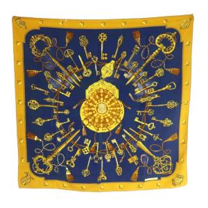 LES CLES カレ90 スカーフ シルク 総柄 ネイビー 紺色 イエロー 黄色 /MI OS OH