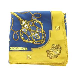 HERMES LES CLES カレ90 スカーフ シルク 総柄 ネイビー 紺色 イエロー 黄色 /MI OS OH