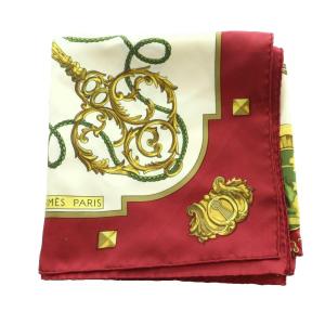 HERMES LES CLES カレ90 スカーフ 総柄 シルク ボルドー アイボリー ゴールドカラー /MI OS