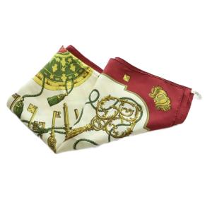 HERMES LES CLES カレ90 スカーフ 総柄 シルク ボルドー アイボリー ゴールドカラー /MI OS