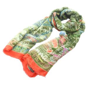 総柄ストール マフラー カシミヤ混 マルチカラー オレンジ オリーブ /SS OS