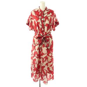 総柄フラワー柄ワンピース ロング フレンチスリーブ 6 レッド /HK OS