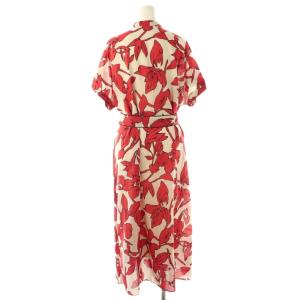 Paul Stuart 総柄フラワー柄ワンピース ロング フレンチスリーブ 6 レッド /HK OS